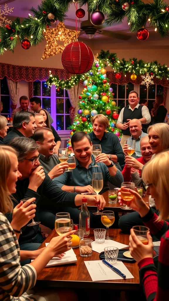 Adults enjoying Christmas games at a festive party, with decorations and laughter.